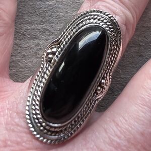 Long Black Onyx Boho Ring in 925 Sterling Silver (snug 9)
